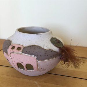 Adobe Desert Art Pottery Vase Tea Light Bowl with Cutouts Feather Concho Mexico